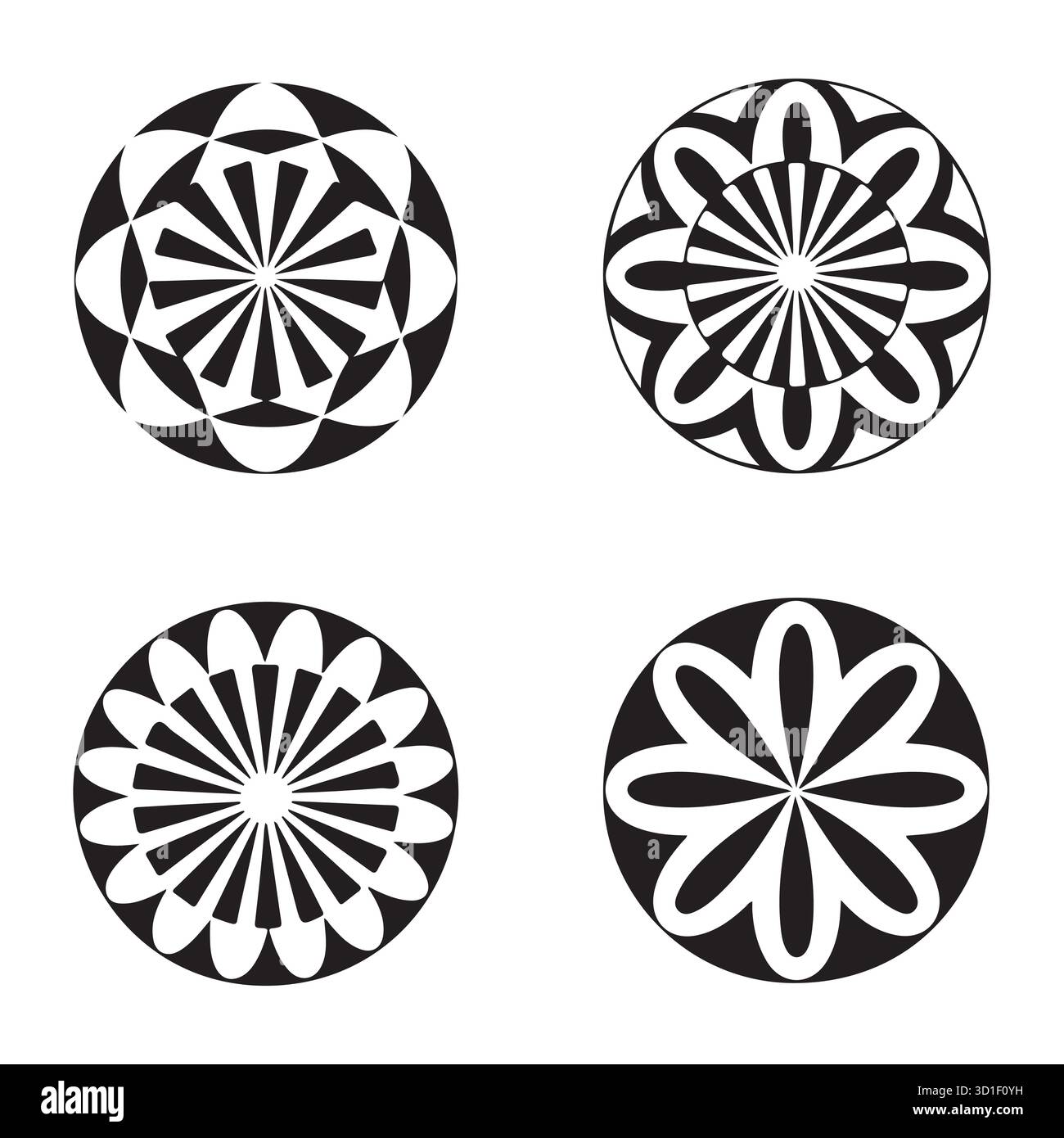 Set cerchio Mandala radiale - ornamenti geometrici floreali Vector bianco e nero Illustrazione Vettoriale