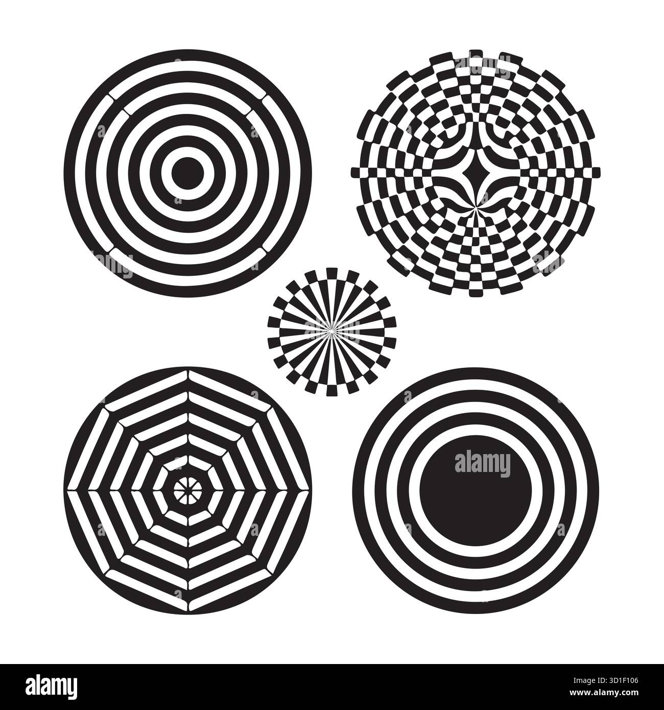 Set di illusioni ottiche circolari concentriche - motivi radiali geometrici in bianco e nero vettoriali Illustrazione Vettoriale
