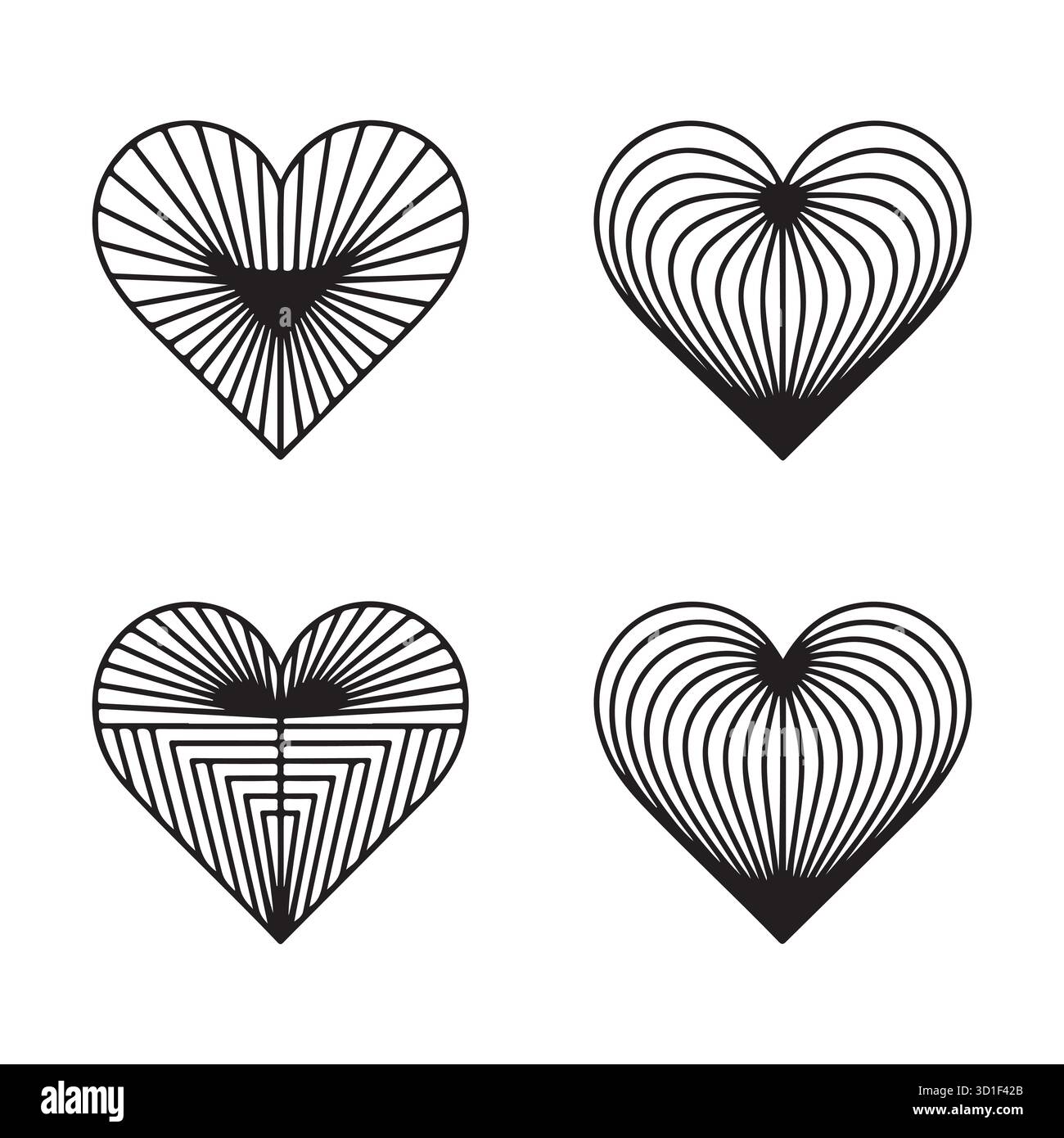 Set cuori a linea concentrica - icone di amore radiale in bianco e nero astratte vettoriali Illustrazione Vettoriale