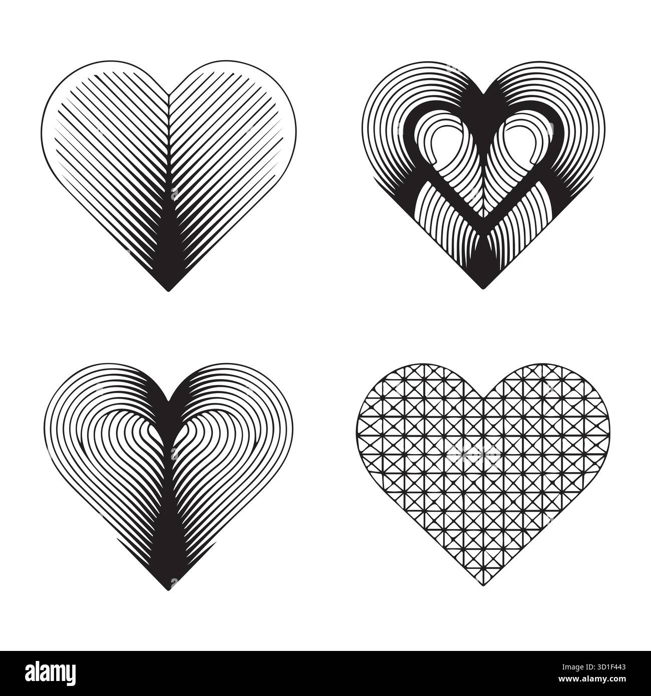 Set cuori artistici linea astratta - icone amore bianco e nero con motivo geometrico vettoriale Illustrazione Vettoriale