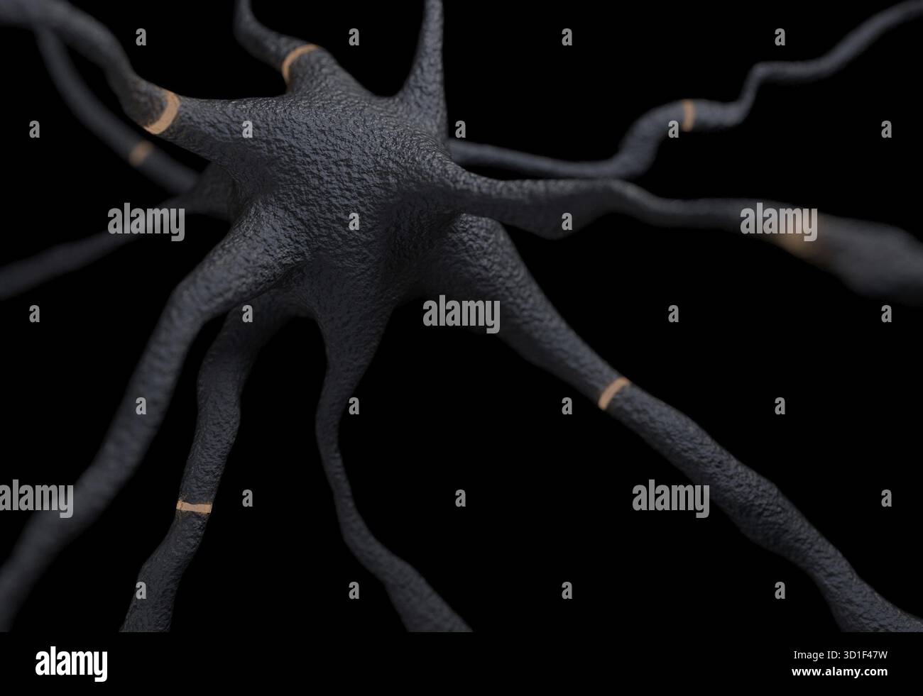 Neurone grigio con segnali di impulsi 3D render Foto Stock
