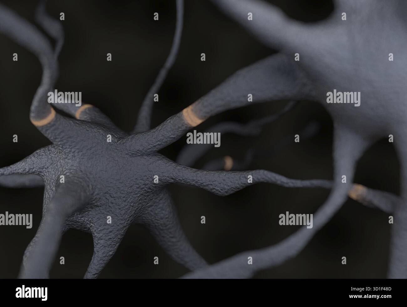 Neurone grigio con segnali di impulsi 3D render Foto Stock