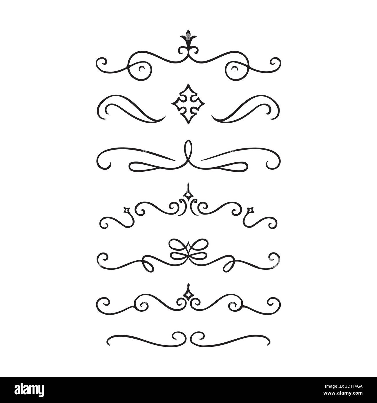 Elegante set di divisori neri flourish - separatori Vector ornate Line e bordi a spirale Illustrazione Vettoriale