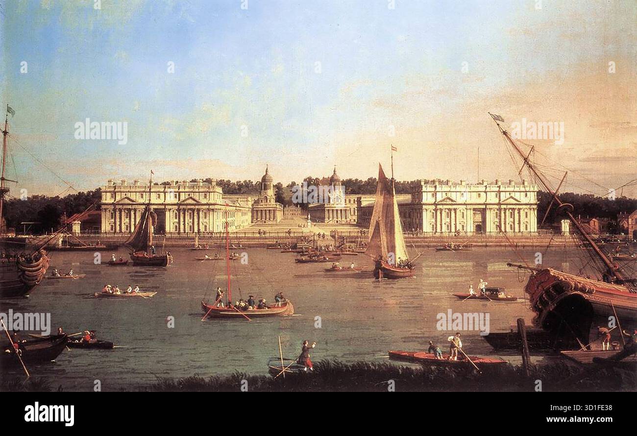 CANALETTO (B. 1697, Venezia, d. 1768, Venezia) Londra: Greenwich Hospital from the North Bank of the Tamigi c. 1753 Oil on Canvas, 66 x 112,5 cm National Maritime Museum, Londra il Royal Hospital di Greenwich fu completato nel 1752, oltre mezzo secolo dopo l'inizio. Canaletto dipinse questa raffigurazione poco dopo. Mostra la vista, che ha subito ben poco modifiche, attraverso il centro del complesso ospedaliero fino alla Queen's House, e verso l'Osservatorio reale in cima alla collina. Canaletto ha creato un effetto leggermente "grandangolare" combinando ciò che si può vedere di Foto Stock