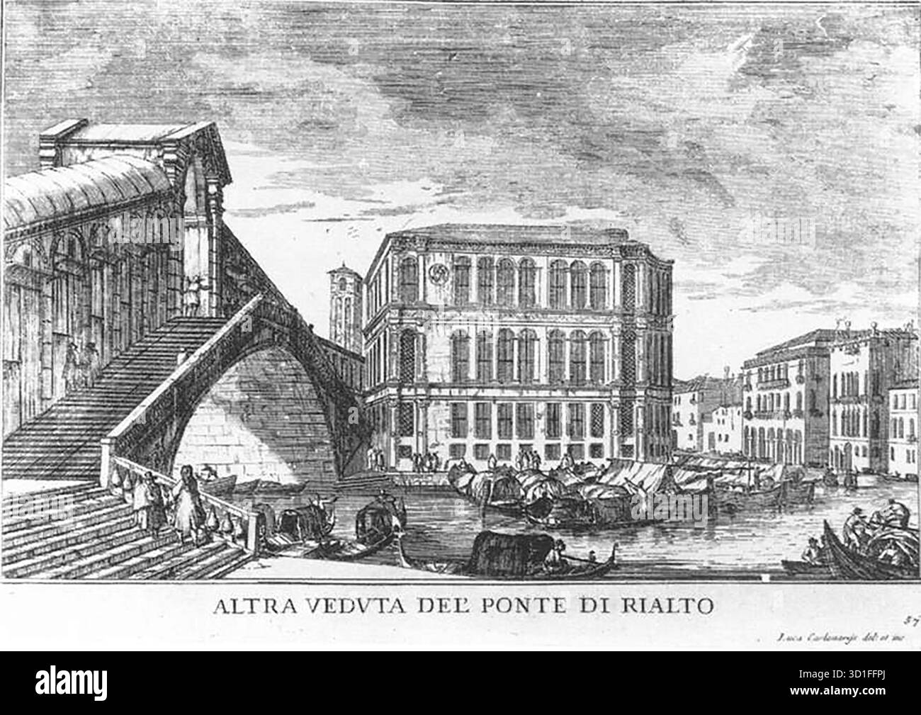 CARLEVARIS, Luca (B. 1663,. Udine, d. 1730, Venezia) il Ponte di Rialto 1703 Etching Rijksmuseum, Amsterdam la maggior parte delle vedute basate su altre rappresentazioni derivano da serie di stampe dei primi del XVIII secolo. Le due più importanti di queste sono le centotre stampe di le Fabriche, e vedute di Venezia edite da Luca Carlevaris nel 1703, e il II gran teatro di Venezia probabilmente edito da Domenico Lovisa nel 1717. La composizione dell'incisione raffigurante il Ponte di Rialto fu presa in prestito da Marieschi e Canaletto. Tuttavia, è degno di nota che i dipinti rappresentano Foto Stock