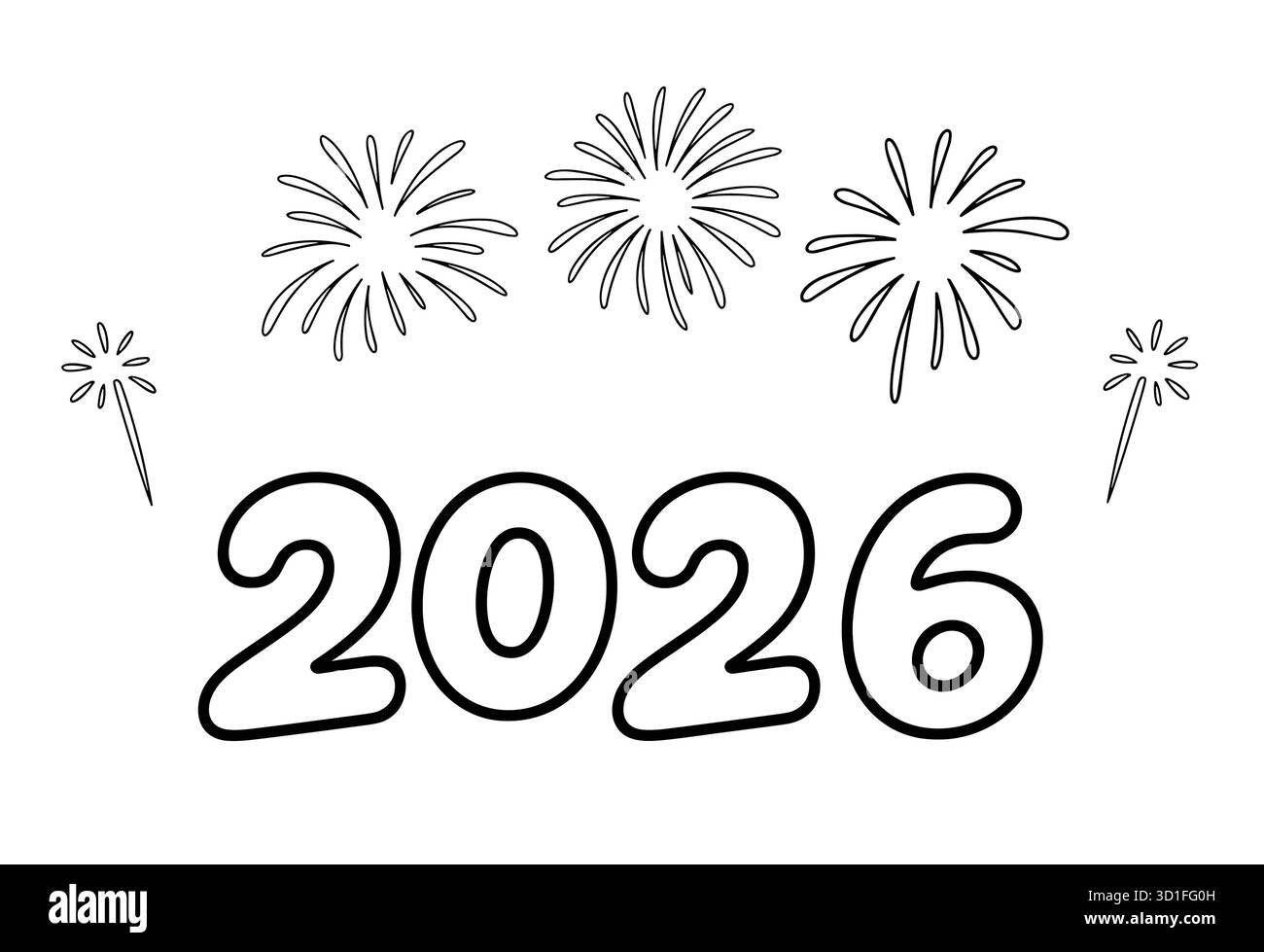 Illustrazione dei fuochi d'artificio in bianco e nero con testo "2026", design festivo per l'anno nuovo Illustrazione Vettoriale