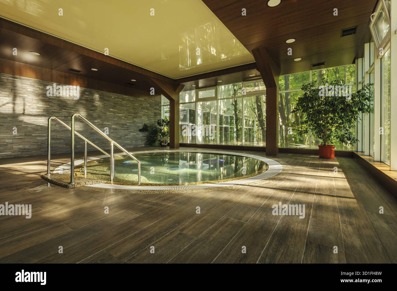 Grande e lussuosa vasca jacuzzi rotonda nel verde centro spa, la mattina presto Foto Stock