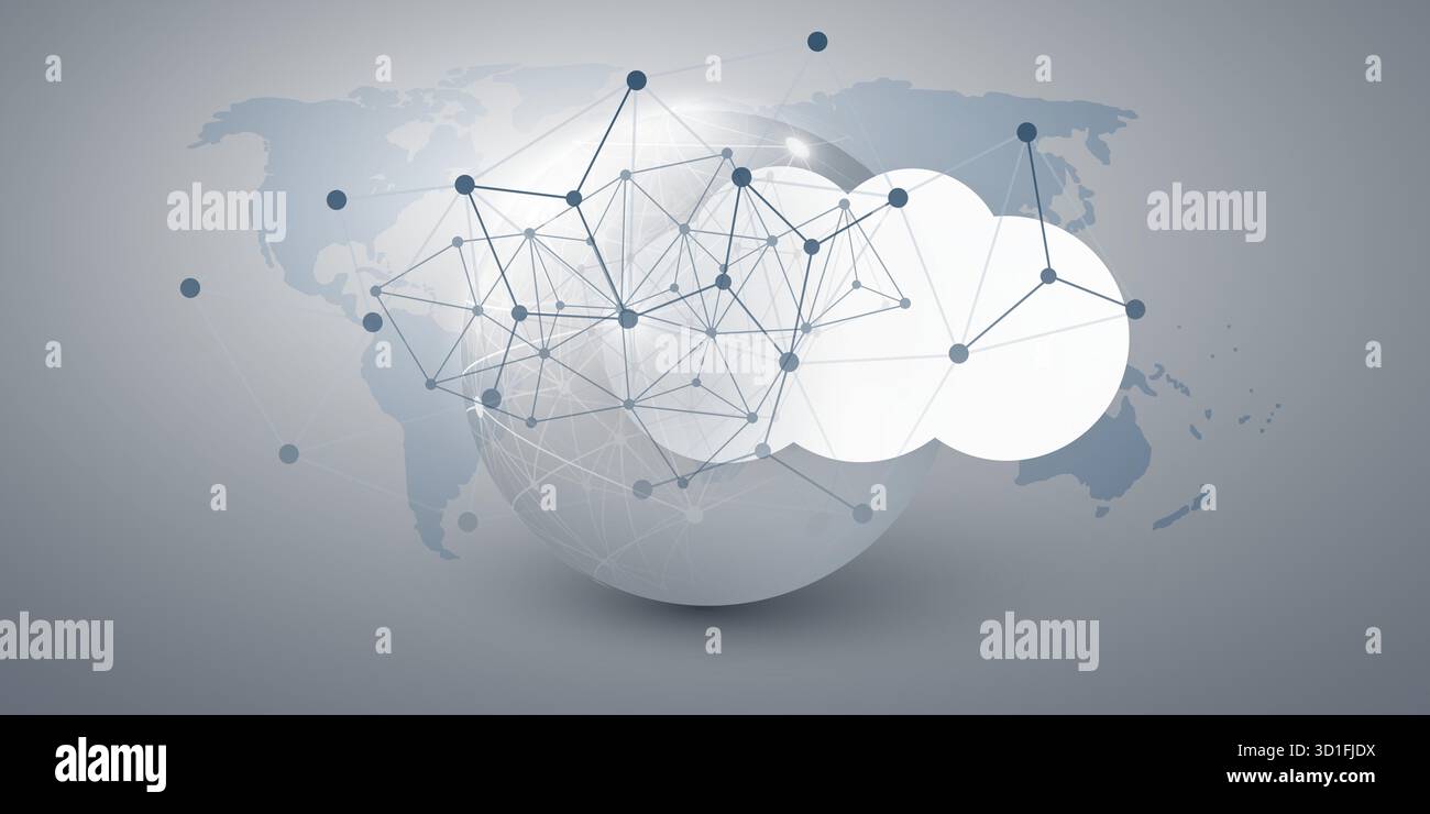 Concetto di progettazione di cloud computing - nodi digitali globali e poligoni 3D; connessioni, intelligenza artificiale moderna, software e servizi, piattaforma tecnologica con background Illustrazione Vettoriale