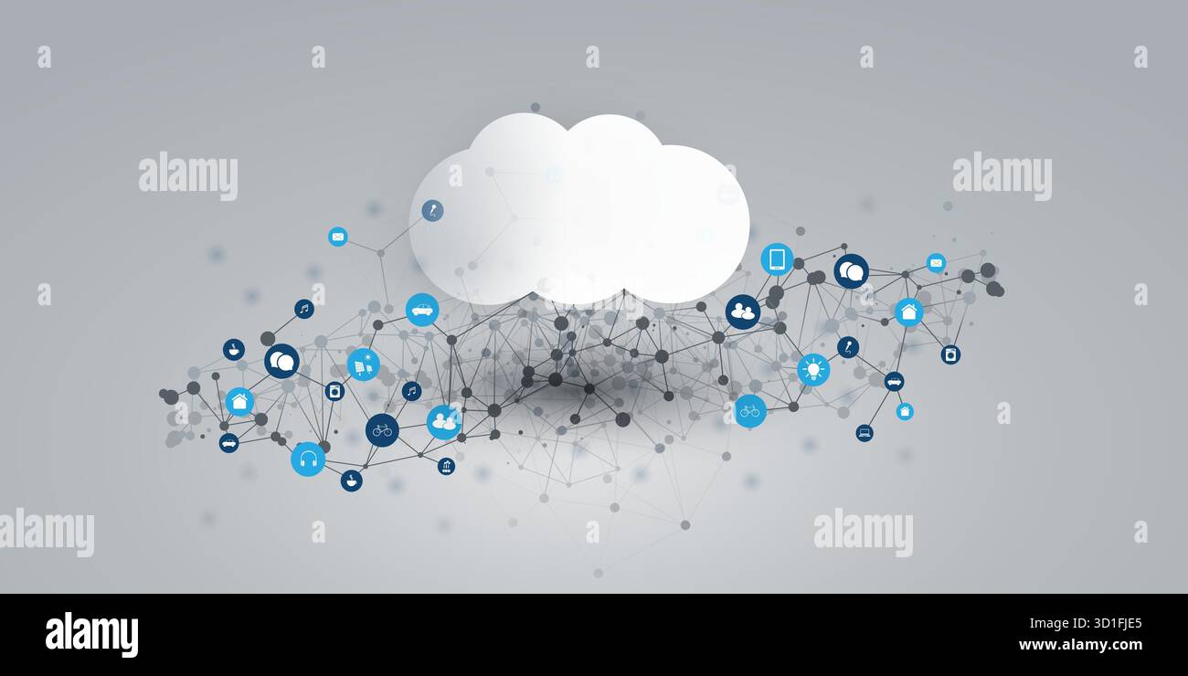 Concetto di progettazione futuristica di cloud computing con mesh poligonale 3D, cluster, nodi, icone IoT e simbolo di White Cloud. Connessioni alla rete digitale globale Illustrazione Vettoriale