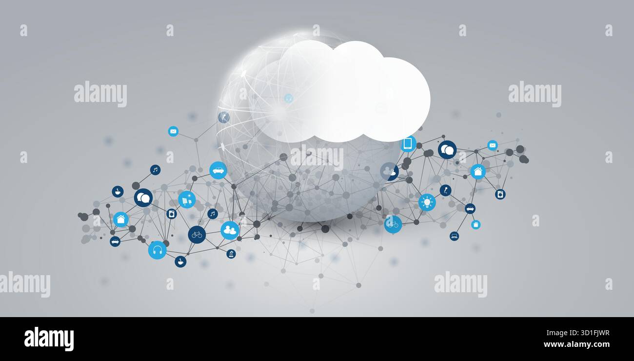 Concetto di progettazione futuristica di cloud computing con mesh poligonale 3D, cluster, nodi, icone IoT e simbolo di White Cloud. Connessioni alla rete digitale globale Illustrazione Vettoriale