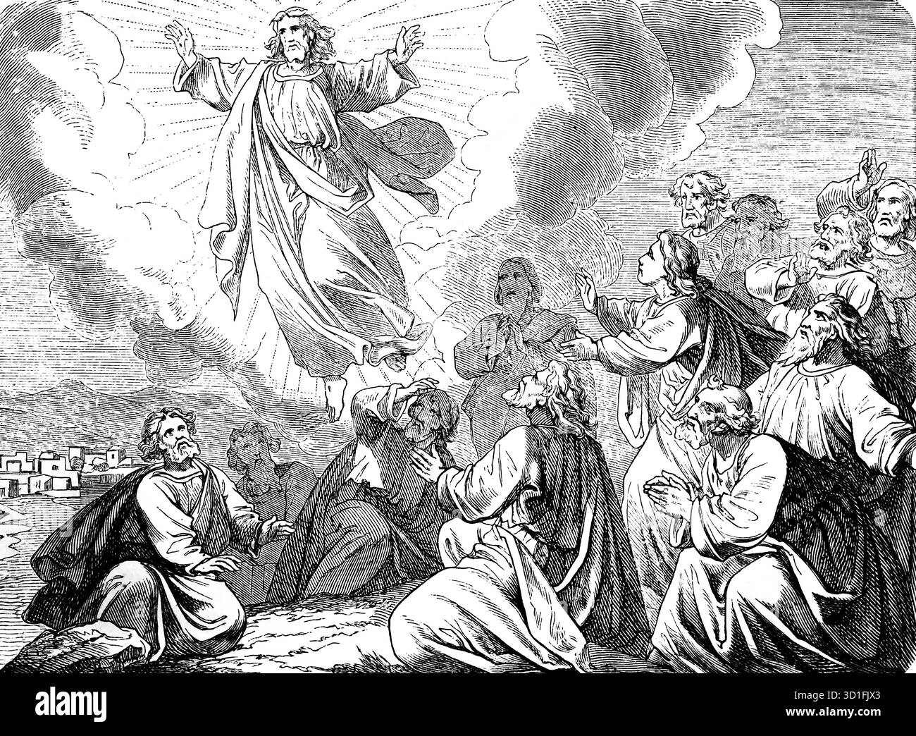 L'Ascensione di Gesù, Gerusalemme, Betania, Vangelo di Luca, capitolo 24, in cielo, galleggiare, lodare Dio, luce, illuminazione, festa cristiana, New te Foto Stock