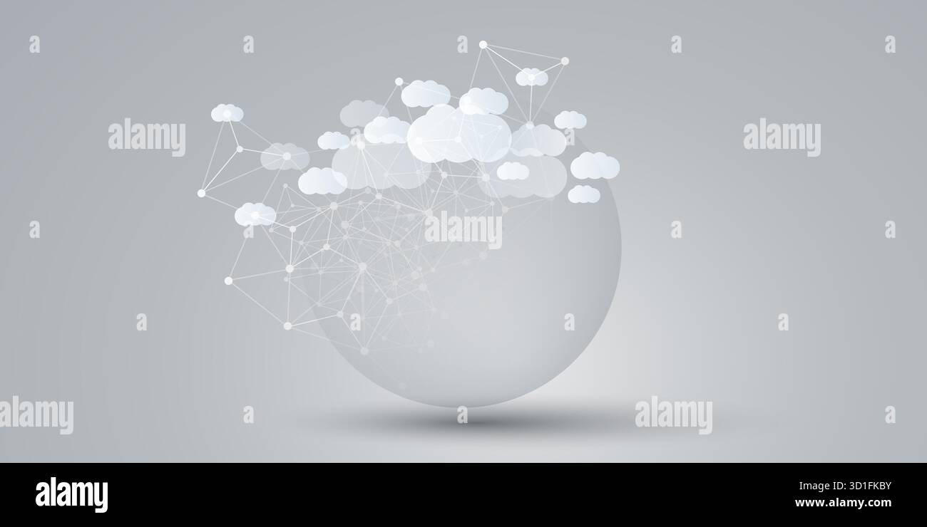 Concetto di progettazione di cloud computing grigio e bianco con semplice globo solido e nuvole - connessioni di rete poligonale digitali, background tecnologico, Minim Illustrazione Vettoriale