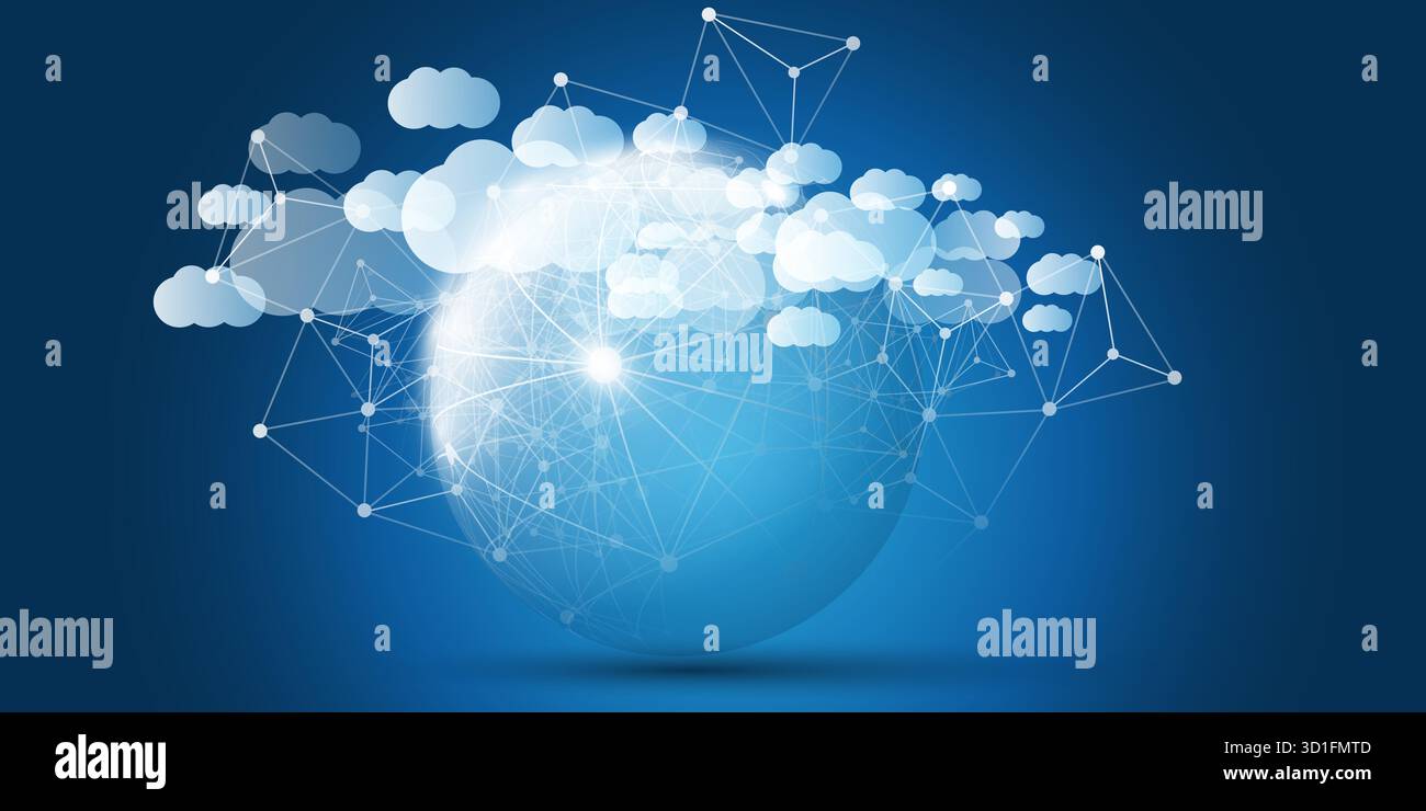 Concetto di progettazione di cloud computing blu scuro e bianco con Globe trasparente e molte nuvole fluttuanti - connessioni di rete poligonale 3D digitali, Techno Illustrazione Vettoriale