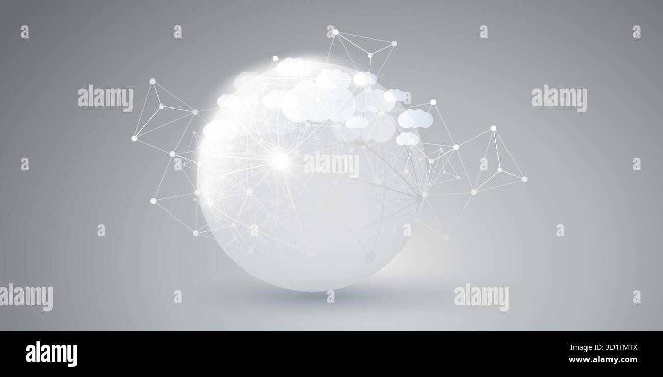 Concetto di progettazione di cloud computing grigio e bianco con semplice globo solido e nuvole - connessioni di rete poligonale digitali, background tecnologico, Minim Illustrazione Vettoriale