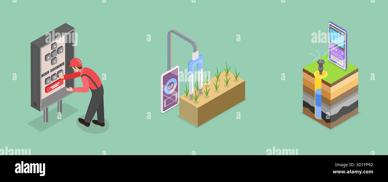 Illustrazione piatta isometrica 3D dei componenti del sistema di irrigazione, controllo dell'umidità del suolo Foto Stock