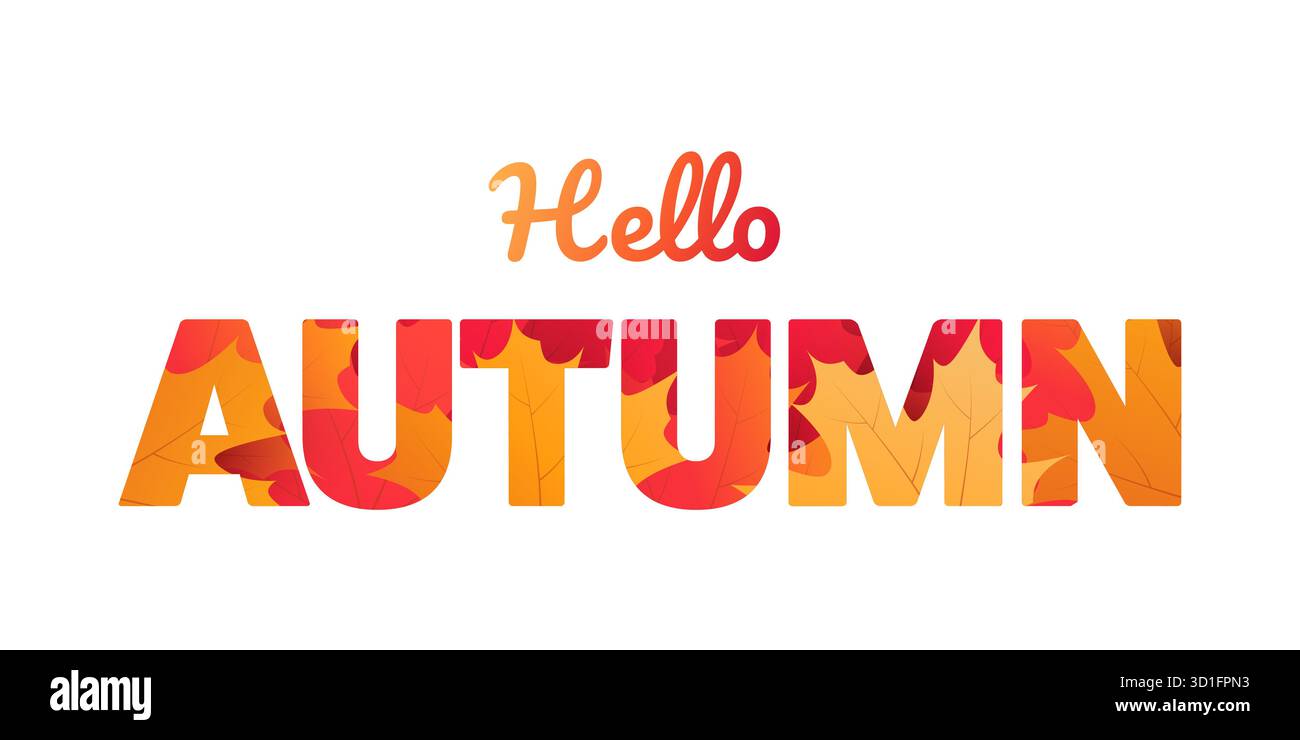 Hello Autumn text design con foglie autunnali colorate e lettere a motivi geometrici. Illustrazione vettoriale stagionale, tipografia colorata, perfetta per il greetin autunnale Illustrazione Vettoriale