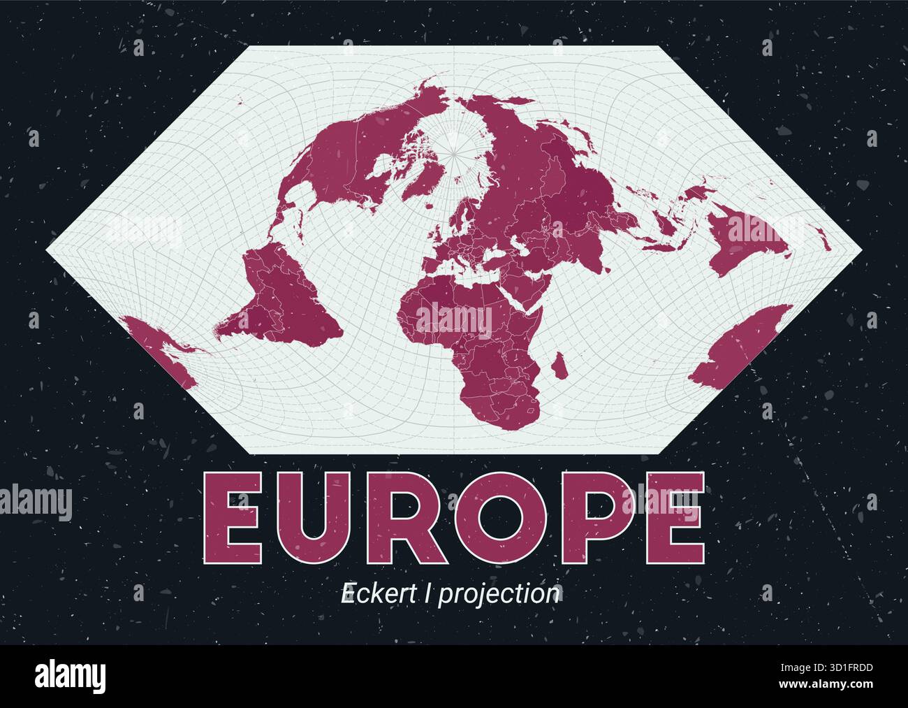 Europa. Mappa del mondo. Proiezione di Eckert i incentrata sull'Europa. Pallido Mint Dark Pink (Rosa scuro). Texture vintage. Illustrazione vettoriale VIBRANT. Illustrazione Vettoriale