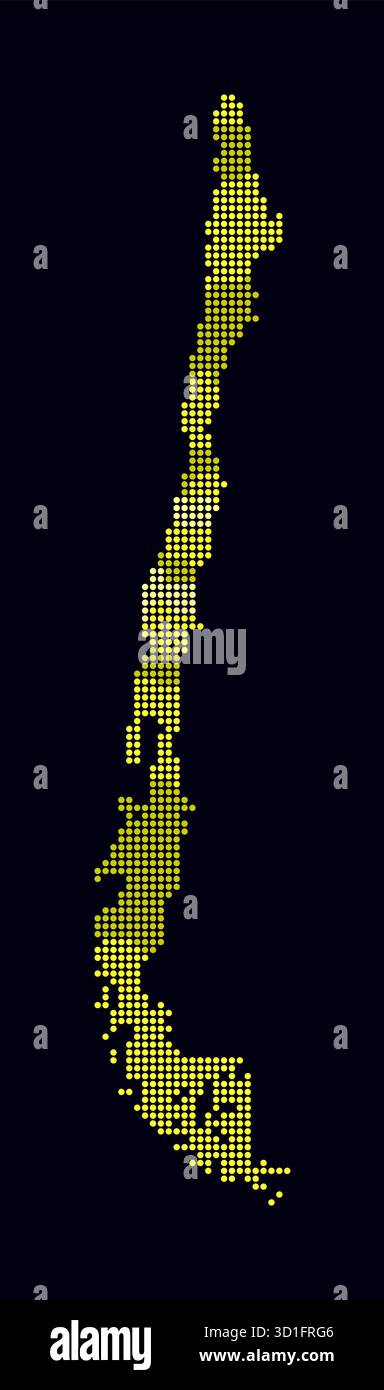 Cartina punteggiata del Cile. Mappa digitale del paese su sfondo scuro. Forma cilena con punti circolari. Stile puntini colorati. Cerchi di piccole dimensioni. Illustrazione Vettoriale