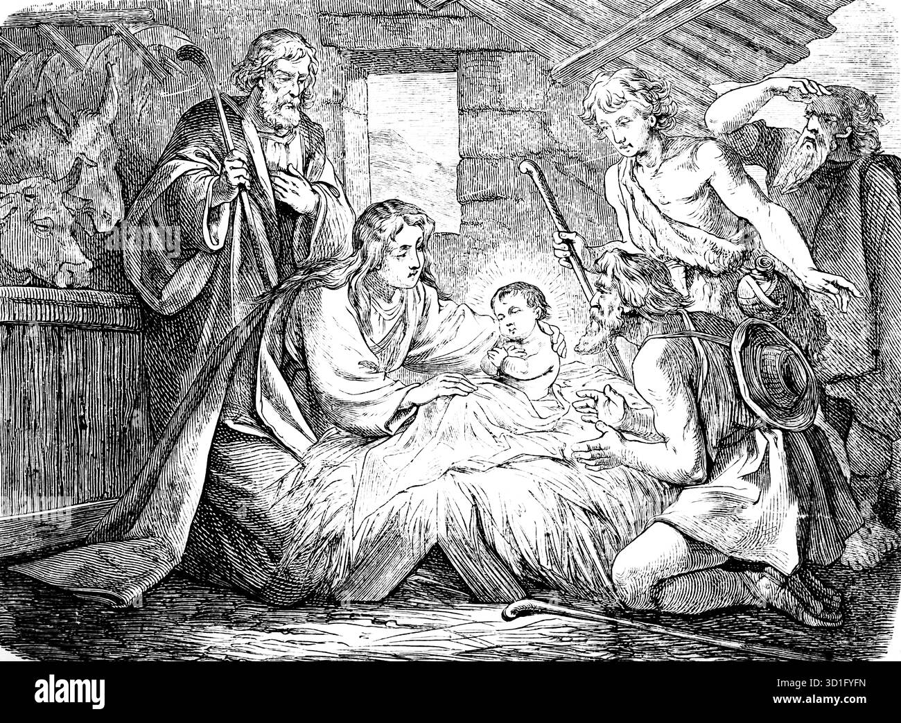 La visita dei pastori a Betlemme, la nascita di Gesù, la gloria a Dio nella più alta e la pace sulla terra, capitolo 2, presepe, fieno, Maria e Giuseppe, il Vangelo Foto Stock