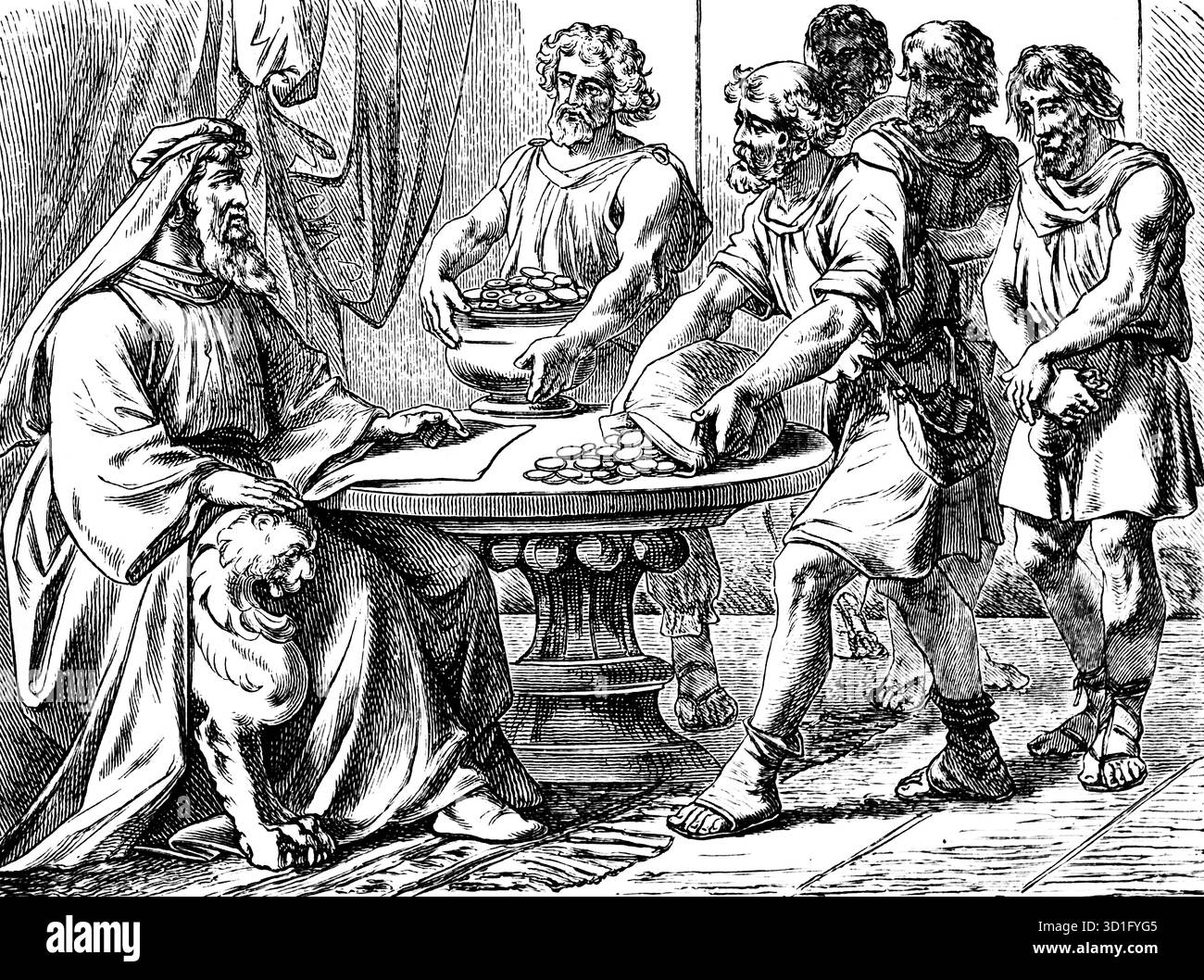 Le sterline affidate ai servi, che gli diedero, Vangelo di Luca, capitolo 19, mandato di aumentare il denaro, la fiducia, la fortuna, tavola rotonda, monete, soldi b Foto Stock