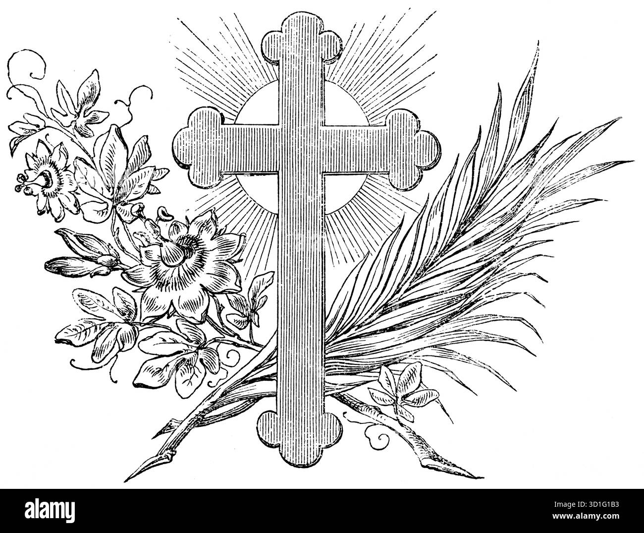 Fine del Vangelo di Matteo, croce, raggi di luce, ramo di palma, fiori, nuovo Testamento, Bibbia, illustrazione storica 1877 Foto Stock