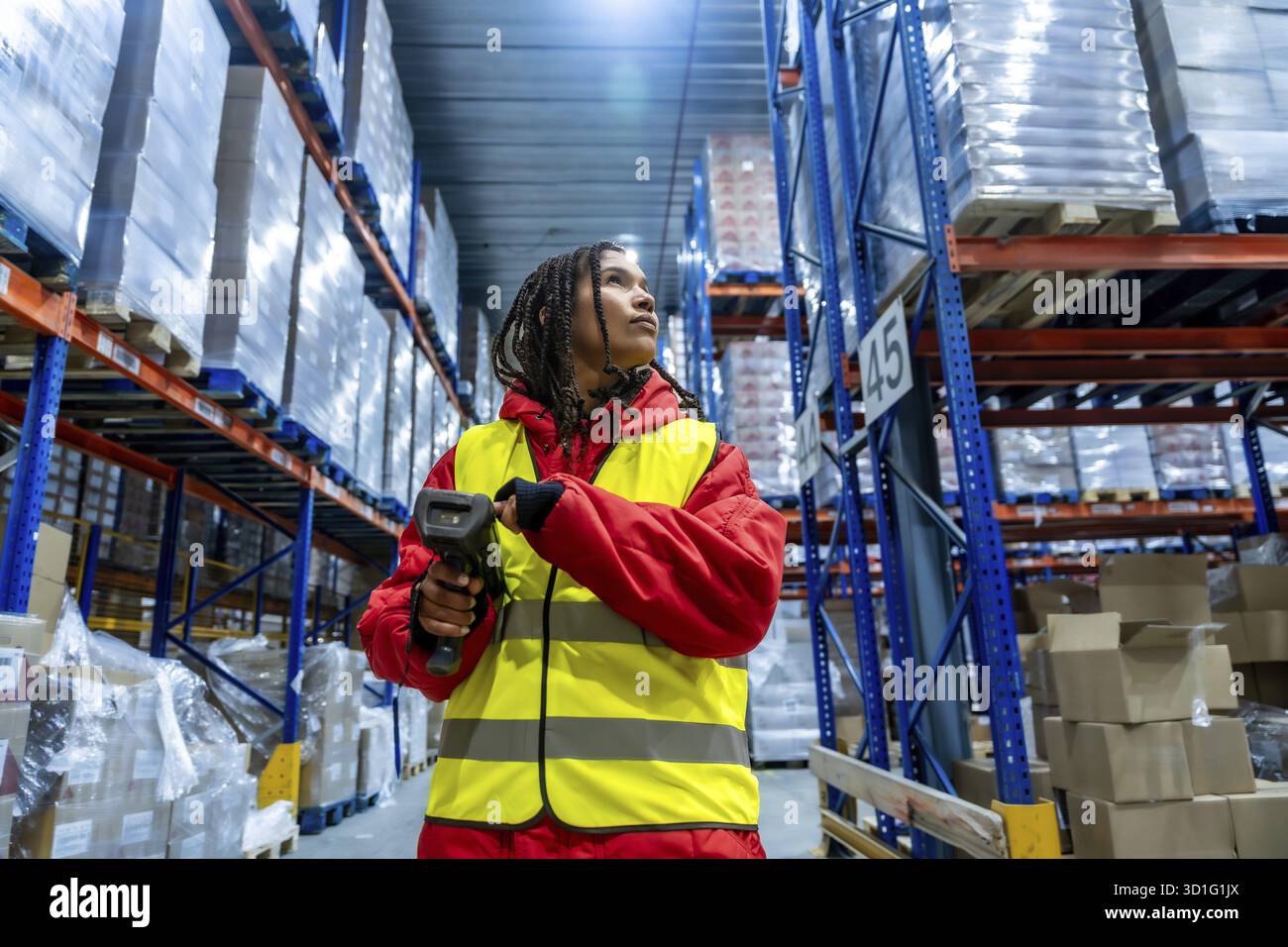Lavoratore in giubbotto di sicurezza e giacca calda che utilizza uno scanner di codici a barre per gestire l'inventario, garantendo un'efficiente logistica della catena del freddo e una gestione delle forniture in un Foto Stock