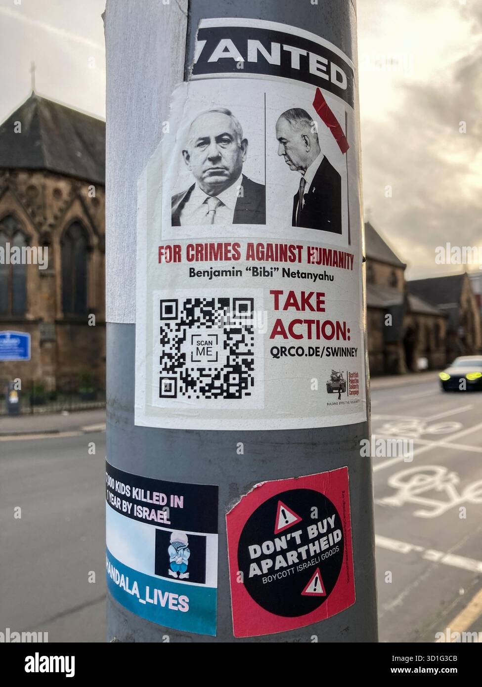 Adesivo anti-israeliano pro-Palestina con il primo ministro israeliano Benjamin Netanyahu. Foto Stock