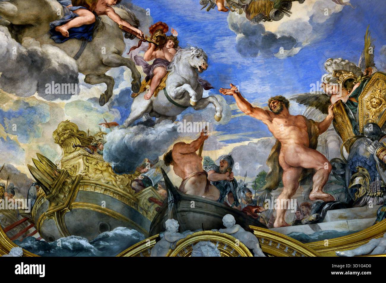 Sala di Marte in Palazzo Pitti Firenze Italia di Pietro da Cortona 1596/7 - 1669 era un barocco italiano pittore e architetto.( Nell antica religione romana e del mito, Marte era il dio della guerra custode agricoli ) Custode di soldati e di agricoltori, il dio della guerra, distruzione e mascolinità. Foto Stock