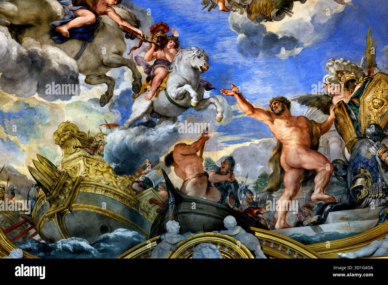 Sala di Marte in Palazzo Pitti Firenze Italia di Pietro da Cortona 1596/7 - 1669 era un barocco italiano pittore e architetto.( Nell antica religione romana e del mito, Marte era il dio della guerra custode agricoli ) Custode di soldati e di agricoltori, il dio della guerra, distruzione e mascolinità. Foto Stock