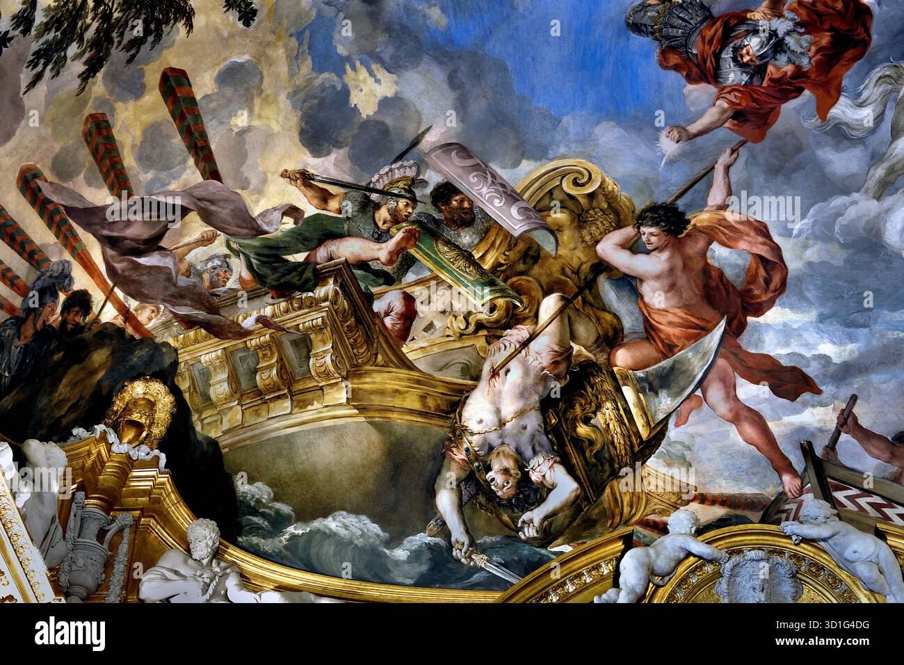 Sala di Marte in Palazzo Pitti Firenze Italia di Pietro da Cortona 1596/7 - 1669 era un barocco italiano pittore e architetto.( Nell antica religione romana e del mito, Marte era il dio della guerra custode agricoli ) Custode di soldati e di agricoltori, il dio della guerra, distruzione e mascolinità. Foto Stock