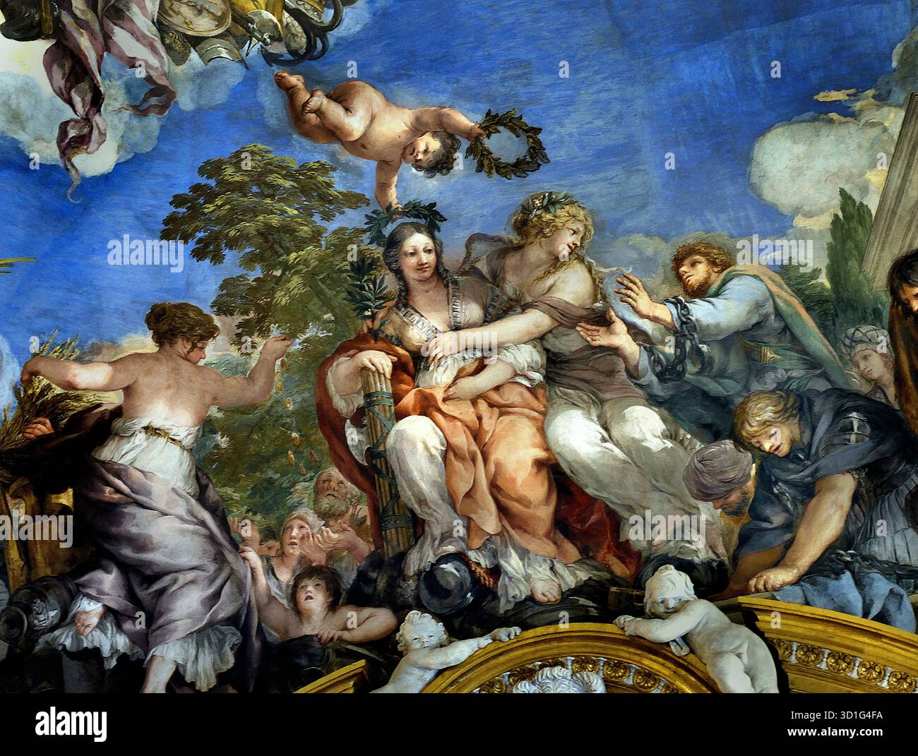 Sala di Marte in Palazzo Pitti Firenze Italia di Pietro da Cortona 1596/7 - 1669 era un barocco italiano pittore e architetto.( Nell antica religione romana e del mito, Marte era il dio della guerra custode agricoli ) Custode di soldati e di agricoltori, il dio della guerra, distruzione e mascolinità. Foto Stock