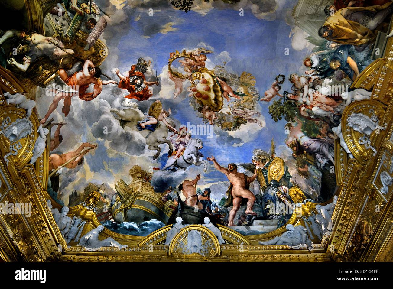 Sala di Marte in Palazzo Pitti Firenze Italia di Pietro da Cortona 1596/7 - 1669 era un barocco italiano pittore e architetto.( Nell antica religione romana e del mito, Marte era il dio della guerra custode agricoli ) Custode di soldati e di agricoltori, il dio della guerra, distruzione e mascolinità. Foto Stock