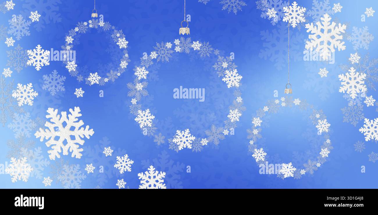 Sfondo blu natalizio di fiocchi di neve bianchi a forma di palla su un albero di Natale. Cartolina per Capodanno e Natale con spazio per saluti, etichette e il tuo design. Foto Stock