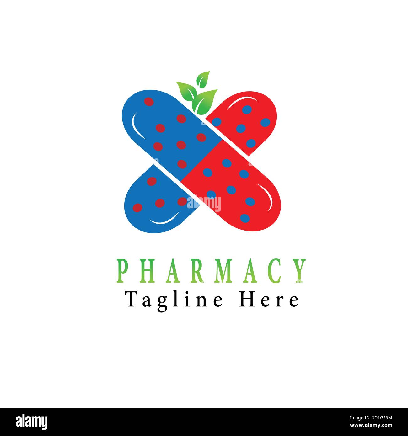 Design moderno del logo della farmacia con croce di capsula rossa e blu e foglia verde, icona del vettore medico e sanitario per l'azienda farmaceutica, Illustrazione Vettoriale
