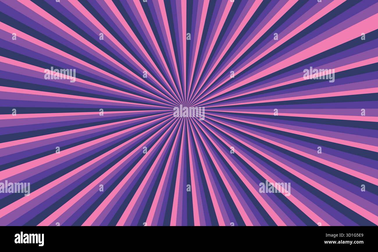 Sfondo Vibrant Purple and Pink Sunburst - linee radiali retro Pop Art, motivo di esplosione astratto dinamico, sfondo di raggi in stile fumetto, Illustrazione Vettoriale