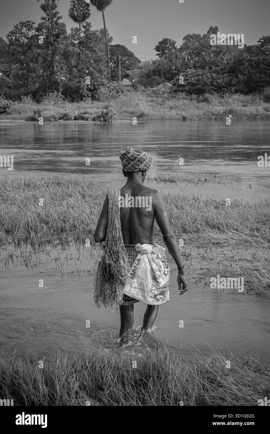 Bheemili, AP, India - 18 ottobre 2025: Un vecchio pescatore che cattura pesci da solo vicino al lago. Uomo indiano con rete da pesca in un villaggio rurale. Foto Stock