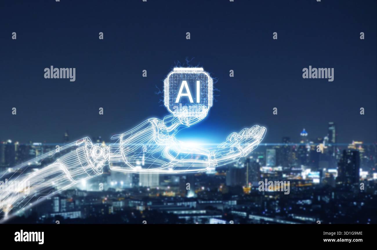 Concetto di intelligenza artificiale. Mano robotica illuminante e simbolo dell'intelligenza artificiale sul paesaggio urbano di notte, che rappresenta l'innovazione, la trasformazione digitale e la S. Foto Stock