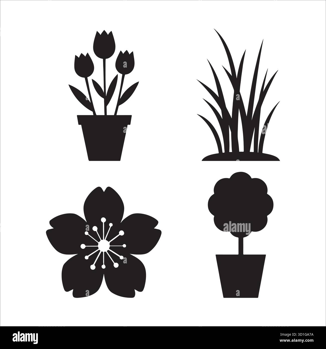 Set di icone silhouette di pianta stilizzata - Fiori, erba e albero Topiario Illustrazione Vettoriale