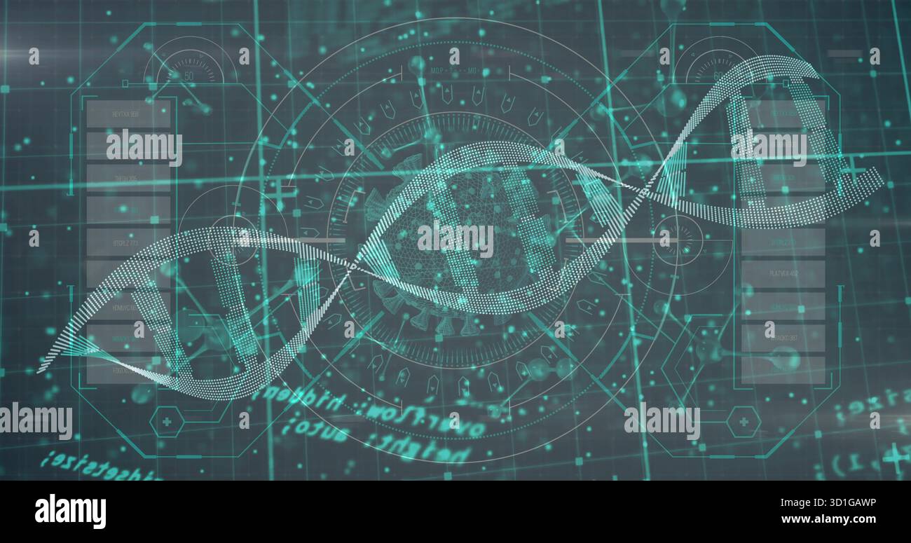 Visualizzazione di DNA punteggiato a doppia elica su interfaccia digitale, con HUD circolare e frammenti di codice Foto Stock