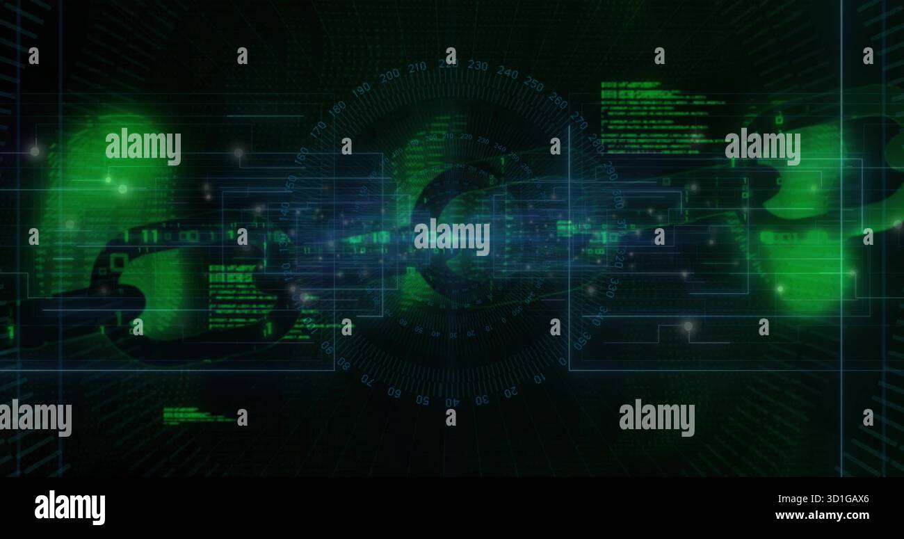 Mostra il collegamento della catena centrale che gira nell'interfaccia, con flussi binari, frame, gauge, nodi Foto Stock