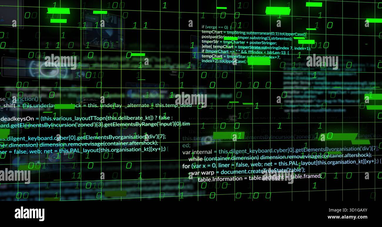 Streaming di cifre binarie verdi su linee di griglia scure con frammenti di codice bianchi e barre rettangolari Foto Stock