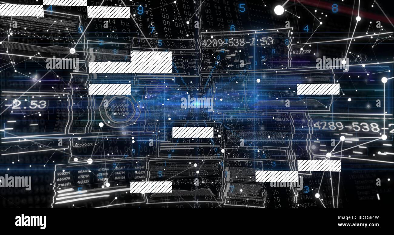 Flusso di dati blu brillante in movimento nell'interfaccia di rete virtuale, con tracce di circuito e nodi Foto Stock