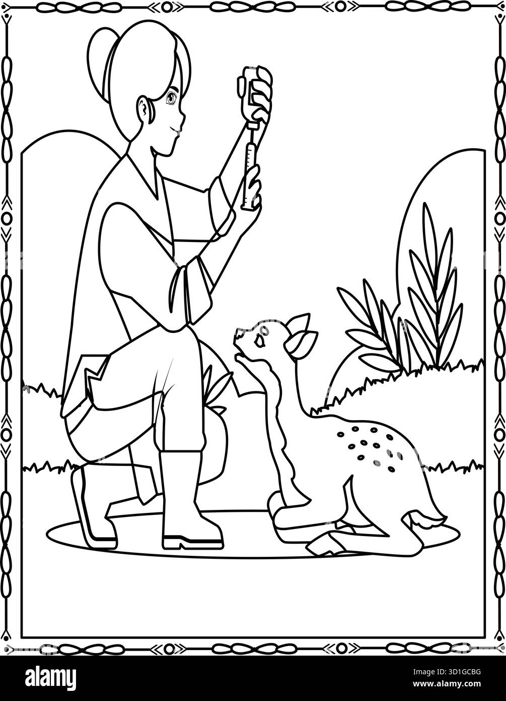Gentile veterinario che si prende cura di un cervo ferito. Pagina colorata Animal Rescue per bambini e adulti. Illustrazione Vettoriale