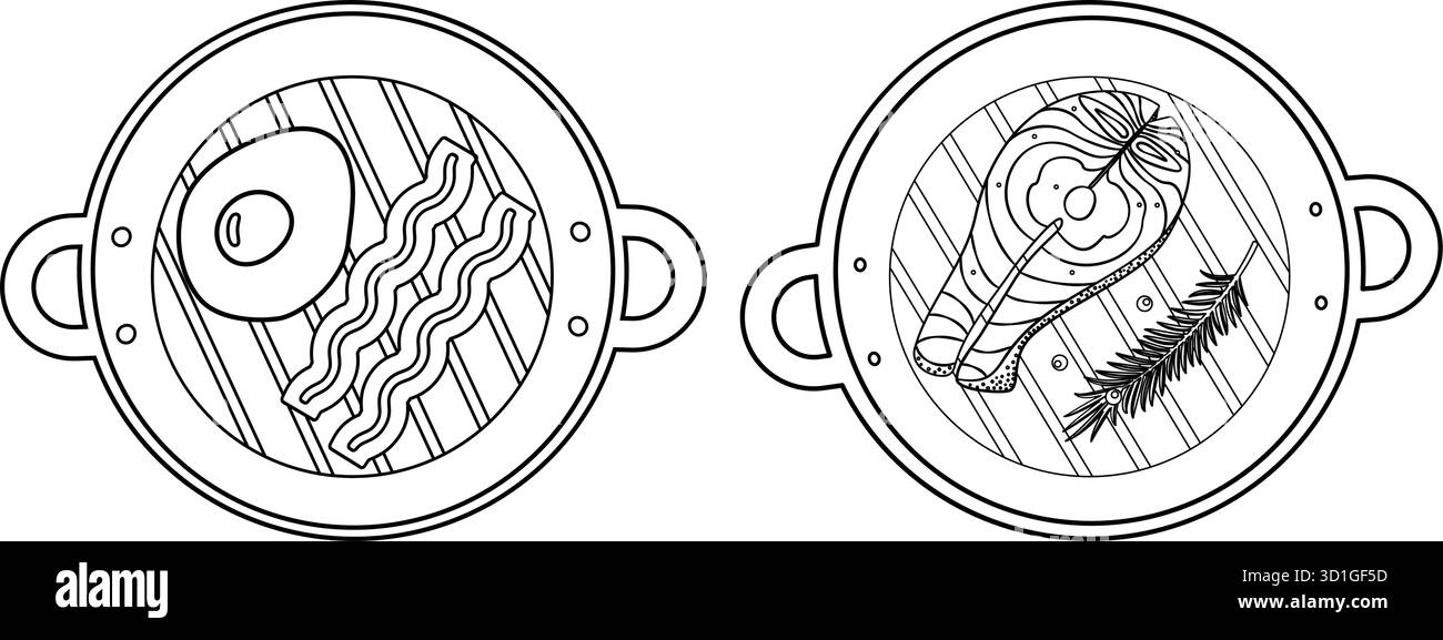 Uovo fritto con strisce di pancetta e bistecca di salmone con grani di pepe e gamberetto di rosmarino nel set grill. Illustrazione vettore isolato icona adesivo pittogramma contenuto correlato al cibo o schede menu, tag, opuscoli Illustrazione Vettoriale