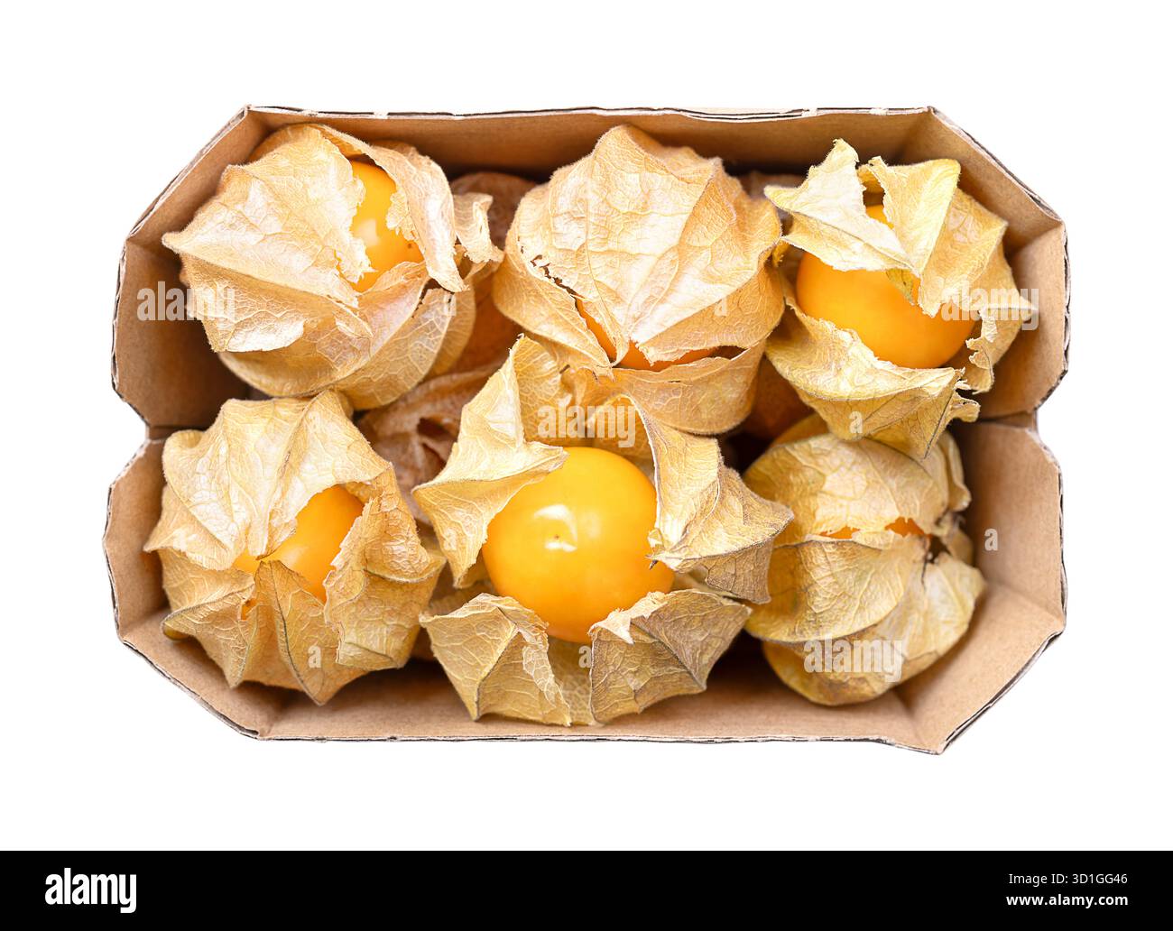 Goldenberries, arachidi in un cartone di frutta, dall'alto. Physalis peruviana matura e fresca, frutti d'arancia brillante, con bucce di carta, detta anche poha. Foto Stock