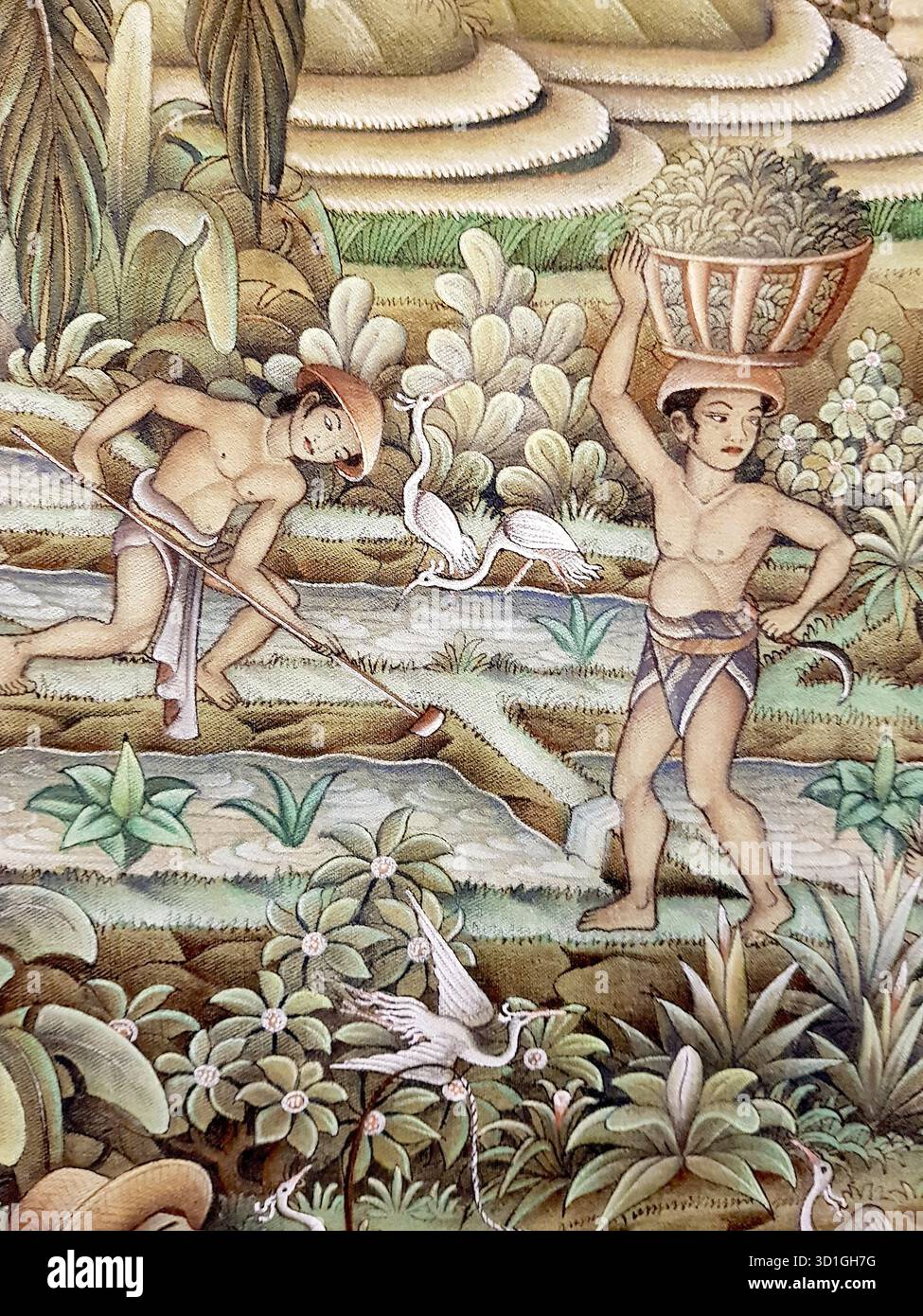 Primo piano di un dipinto che mostra l'agricoltura in Estremo Oriente. Foto Stock