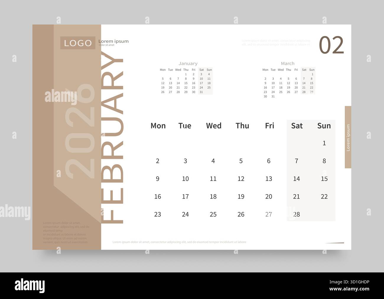 Il calendario di febbraio 2026 è bianco e beige. Il layout del calendario del febbraio 2026 con la data di inizio della settimana di lunedì Illustrazione Vettoriale