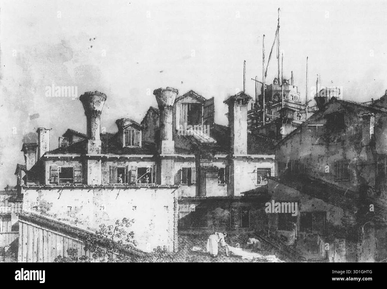 CANALETTO (B. 1697, Venezia, d. 1768, Venezia) tetti e camini a Venezia anni '1730 penna e inchiostro con lavaggio su carta, 303 x 438 mm British Museum, Londra in alcuni schizzi di Canaletto a penna e a lavare, come questa immagine, viste senza pretese dei tetti diventano complessi e quasi astratti studi di tono e forma. --- parole chiave: --------------- Autore: CANALETTO titolo: Roofs and Chimneys in Venice Time-line: 1701-1750 Scuola: Italian form: Graphics Type: Landscape Foto Stock