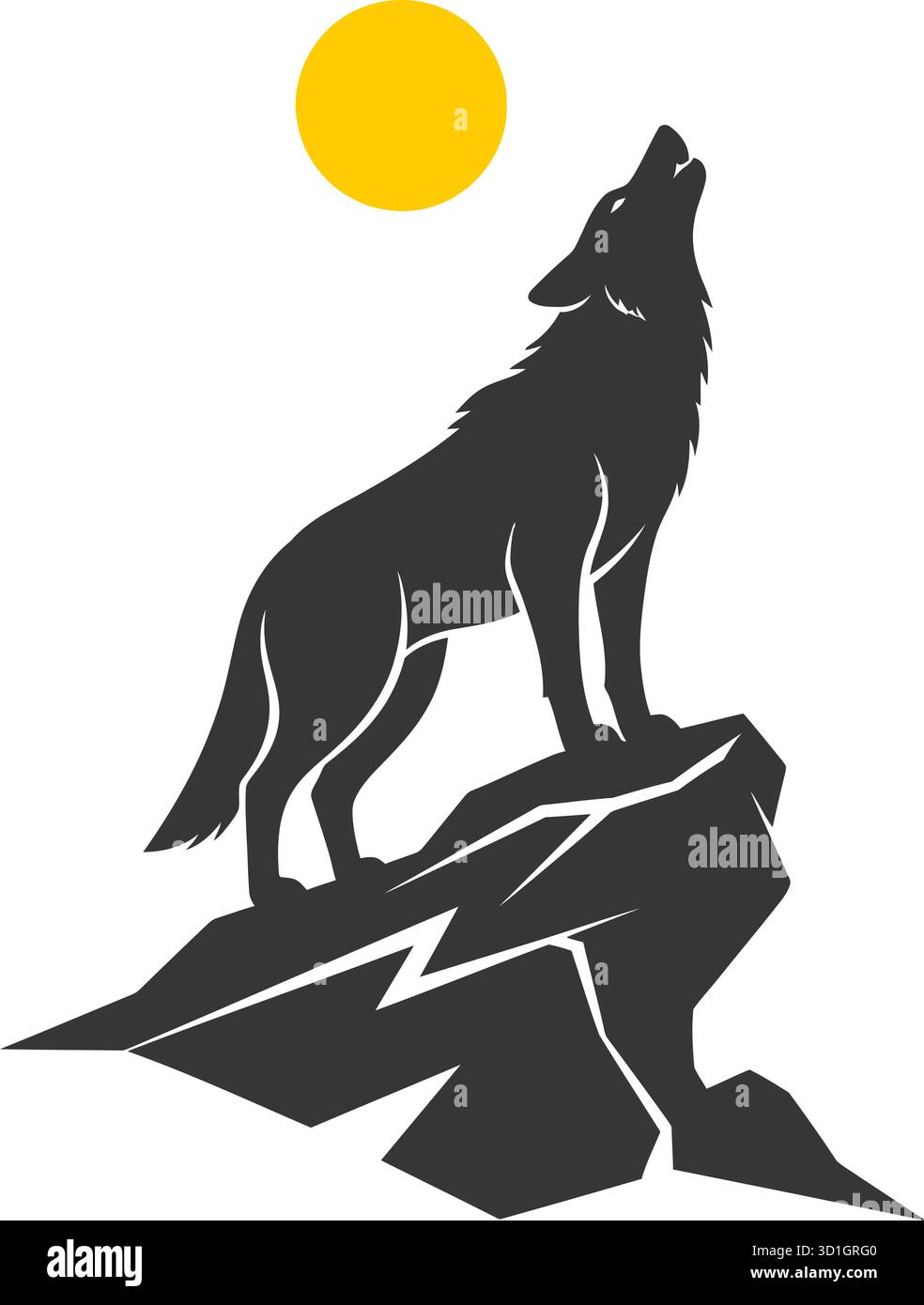 Wolf Howling silhouette on Rock – spettacolare scenario faunistico con elementi solari e montani Illustrazione Vettoriale