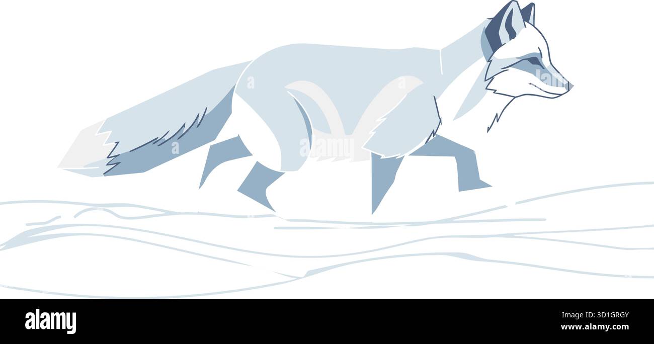Volpe artica stilizzata a piedi sulla neve – illustrazione minimalista della fauna selvatica invernale in tonalità blu fredde Illustrazione Vettoriale